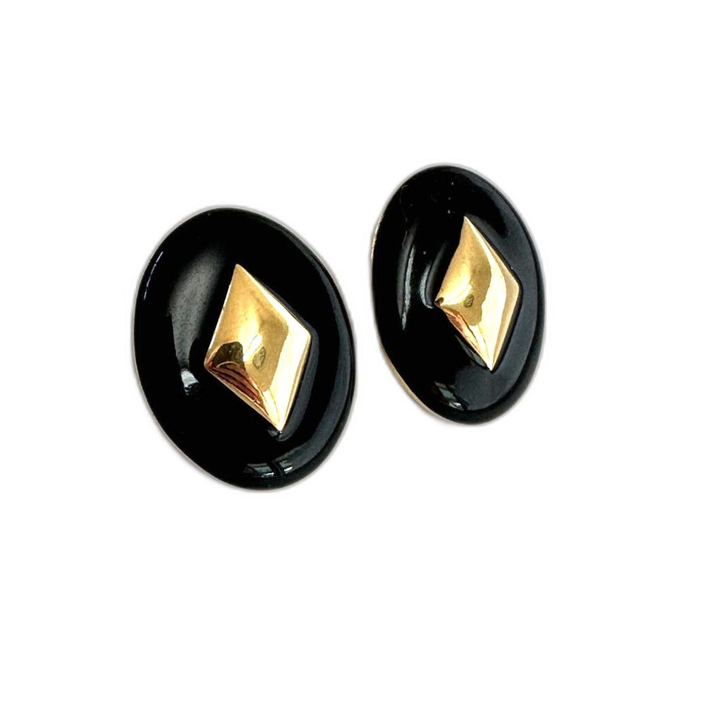 Monet Black Enamel Earrings Gold Tone Retro Glam Old Money